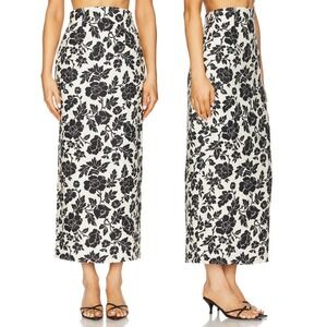 Posse Linen Floral Maxi Skirt Romeo Column Black White Botanical Print Skirt L